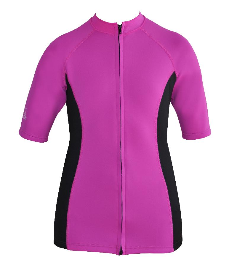 Women's Ocean series wetsuit top. Pink Black. Short Sleeve. full zip.